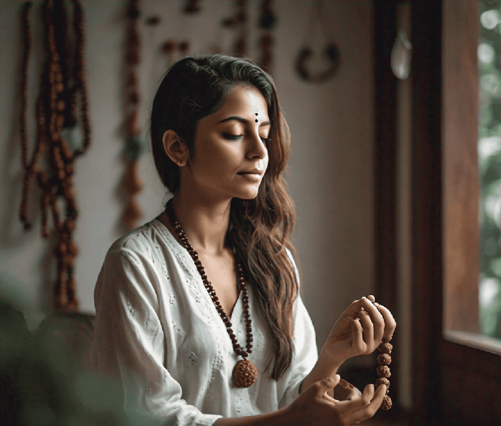 An entrepreneur meditating with a Rudraksha mala, emphasizing the spiritual connection and focus